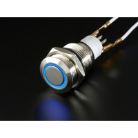 Weatherproof Metal Pushbutton with Blue LED Ring - 16mm Blue Momentary