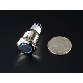 Weatherproof Metal Pushbutton with Blue LED Ring - 16mm Blue Momentary