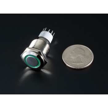 Weatherproof Metal On/Off Switch with Green LED Ring - 16mm Green On/Off