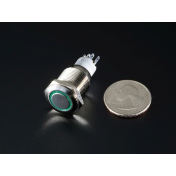 Weatherproof Metal Pushbutton with Green LED Ring - 16mm Green Momentary